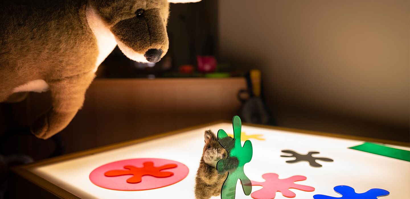 Durchsichtiges Spielzeug auf einem Leuchttisch. Ein Plüschkänguru wird von oben ins das Bild gehoben. 