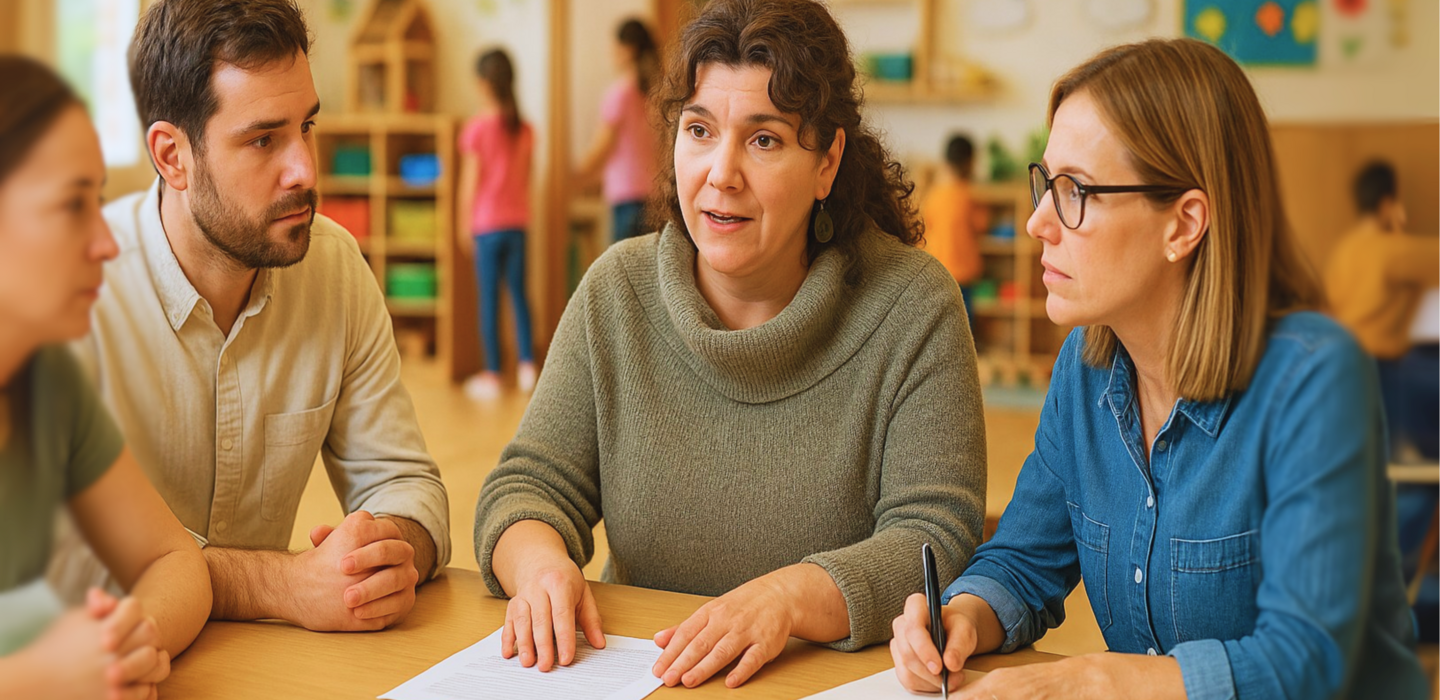 In einem freundlich gestalteten Kita-Raum mit bunten Spielsachen und Kinderzeichnungen sitzen vier Erwachsene etwas abseits an einem Tisch. Sie wirken konzentriert und im Austausch über organisatorische oder pädagogische Themen. Im Hintergrund sind spielende Kinder zu sehen. Die Szene vermittelt eine ruhige, beratende Atmosphäre im Alltag einer Kindertageseinrichtung.
