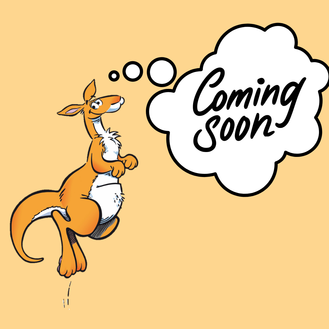 Känguru auf gelben Hintergrund mit Sprechblase Coming soon 